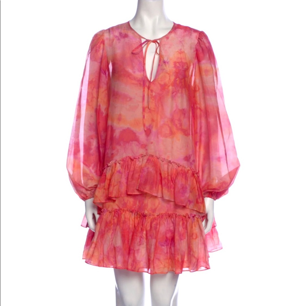 Rare! Theia Couture Tie Dye Ruffled Dress Puff Sleeves Flowy Dreamy Airy